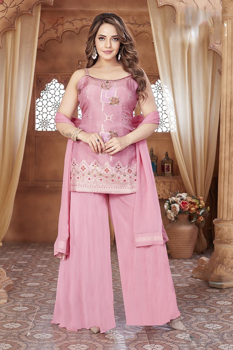 Enticing Pink Designer Palazzo Suit for Engagement, Sangeet, and Parties