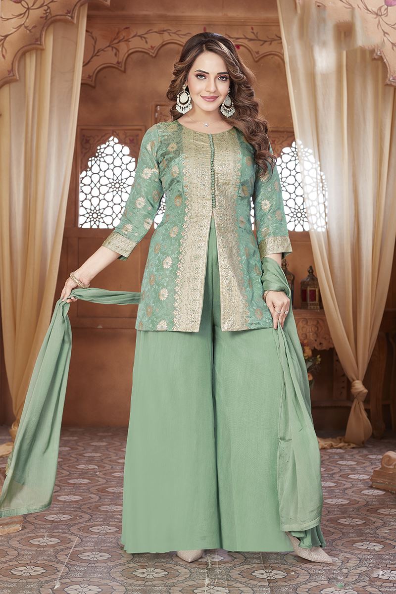 Royal Pista Green Designer Palazzo Suit for Engagement, Sangeet, and Parties