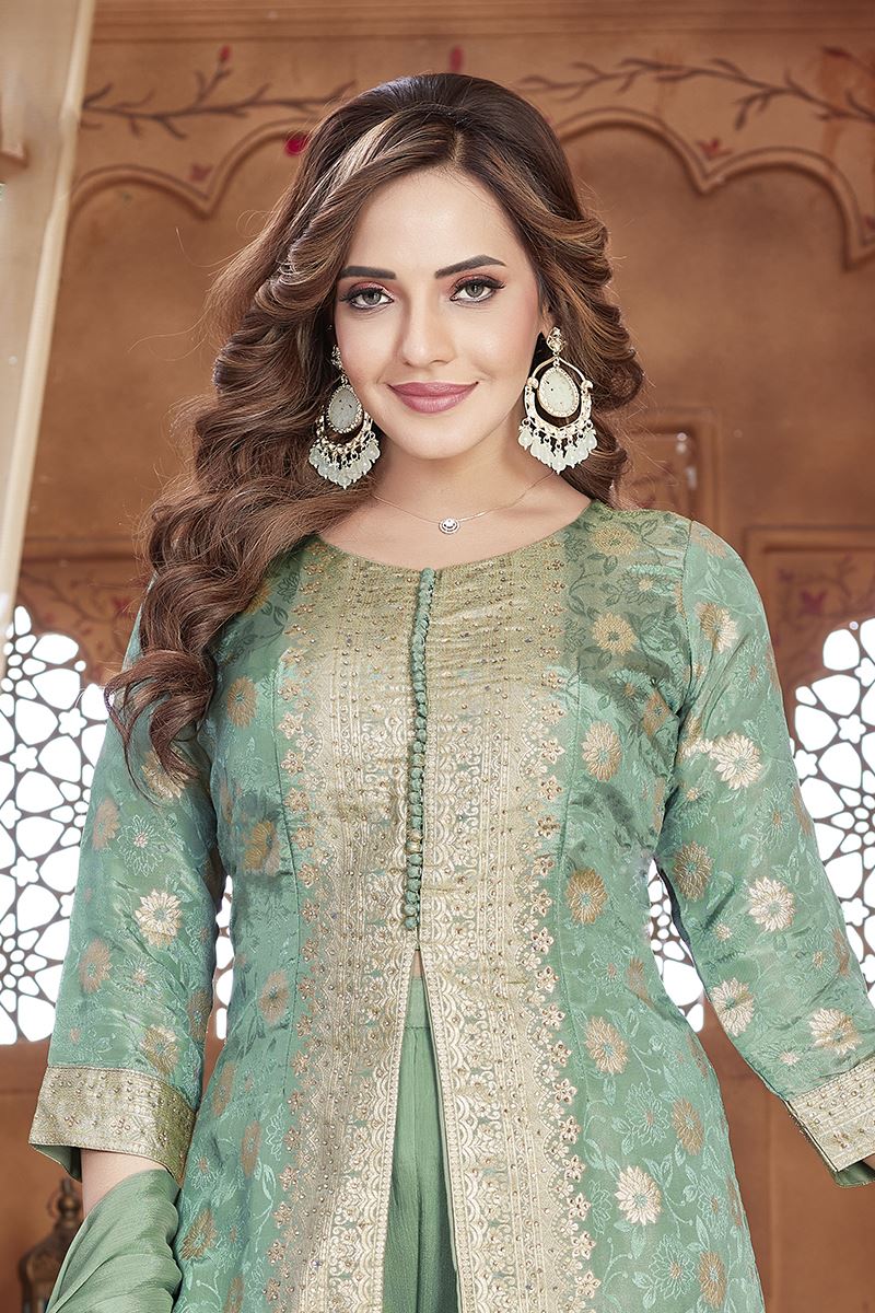 Royal Pista Green Designer Palazzo Suit for Engagement, Sangeet, and Parties