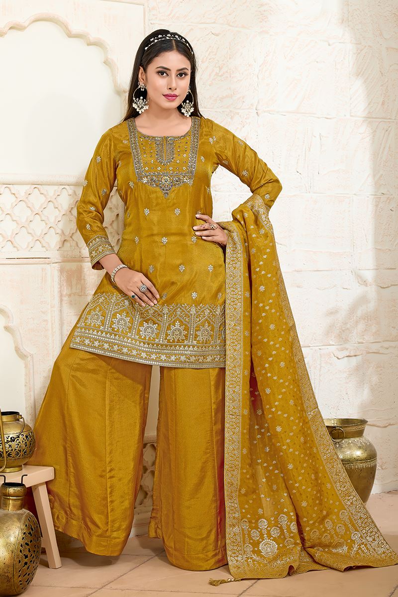 Lovely Mustard Designer Palazzo Suit for Haldi, Wedding, Reception, Festivals, Sangeet, and Parties