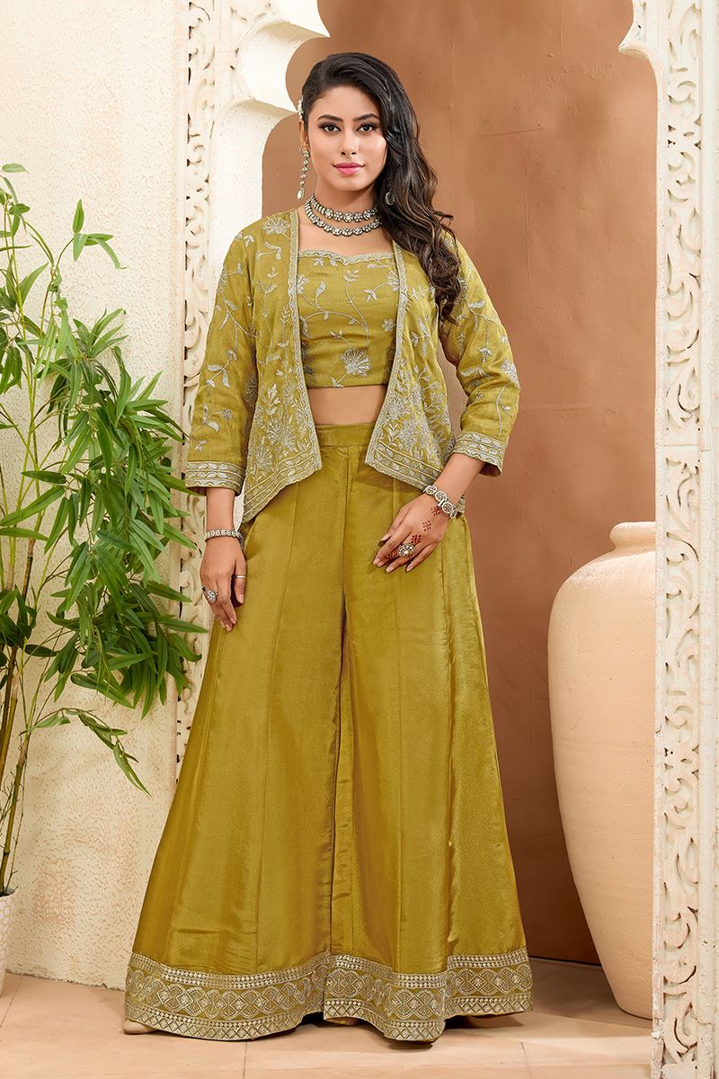 Charming Olive Green Designer Palazzo Suit for Engagement, Wedding, Reception, Festivals, Sangeet, and Parties