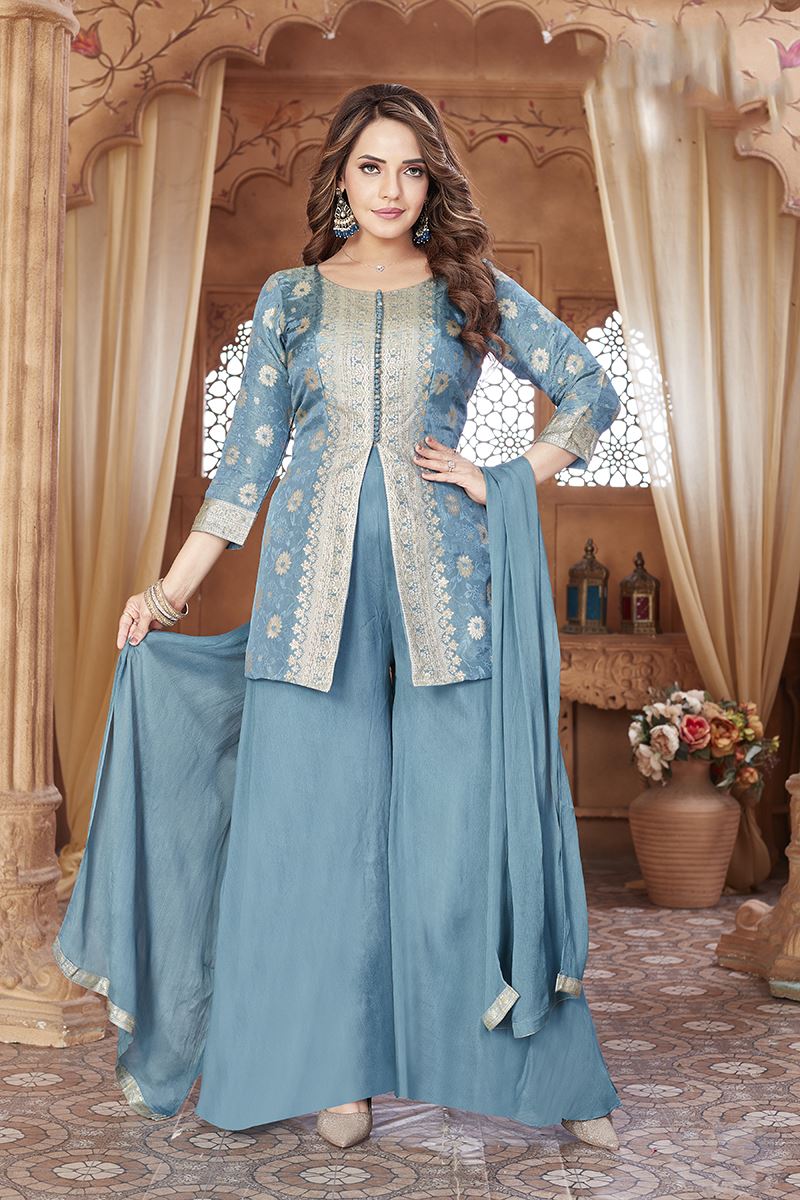 Surreal Blue Designer Palazzo Suit for Engagement, Sangeet, and Parties