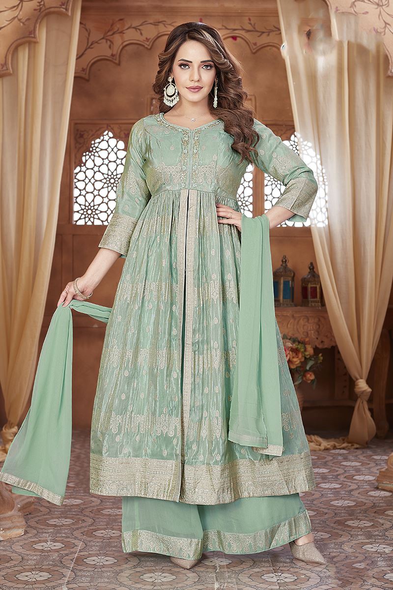 Classy Sea Green Designer Palazzo Suit for Engagement, Sangeet, and Parties