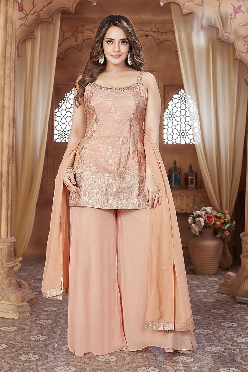 Amazing Coral Designer Palazzo Suit for Engagement, Sangeet, and Parties