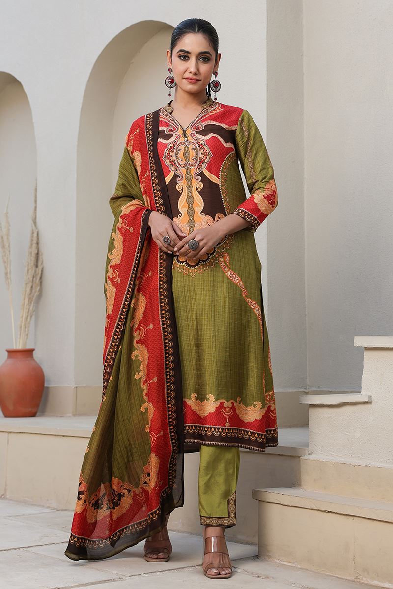 Impressive Olive Green Designer Straight Cut Suit for Mehendi, Festivals, Sangeet, and Parties