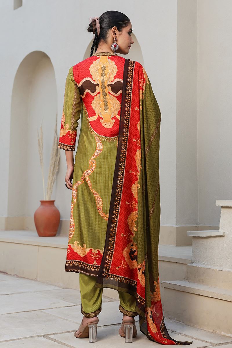 Impressive Olive Green Designer Straight Cut Suit for Mehendi, Festivals, Sangeet, and Parties