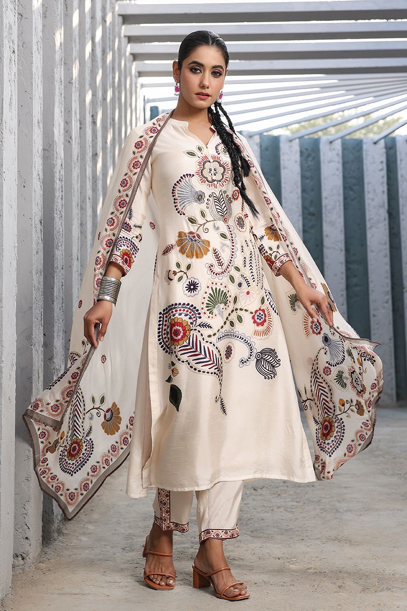 Magnificent Cream Designer Straight Cut Suit for Festivals, Sangeet, and Parties