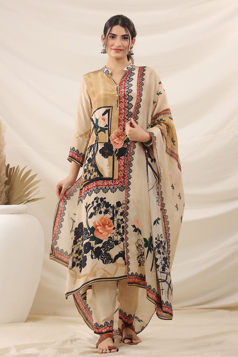 Artistic Beige Designer Straight Cut Suit for Festivals, Sangeet, and Parties