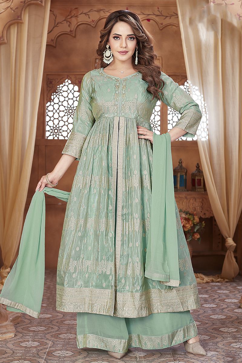 Aesthetic Light Green Designer Palazzo Suit for Engagement, Reception, Sangeet, Party, and Festivals