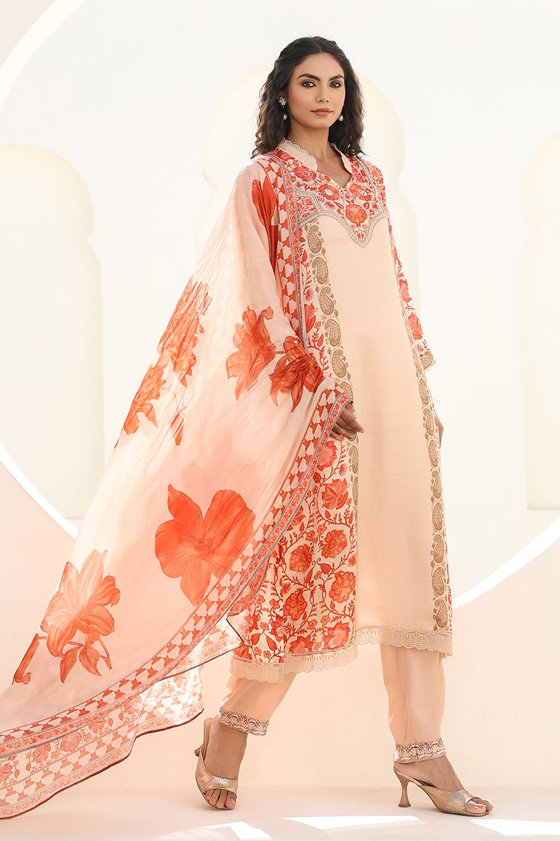 Striking Peach Designer Straight Cut Suit for Festivals, Sangeet, and Parties