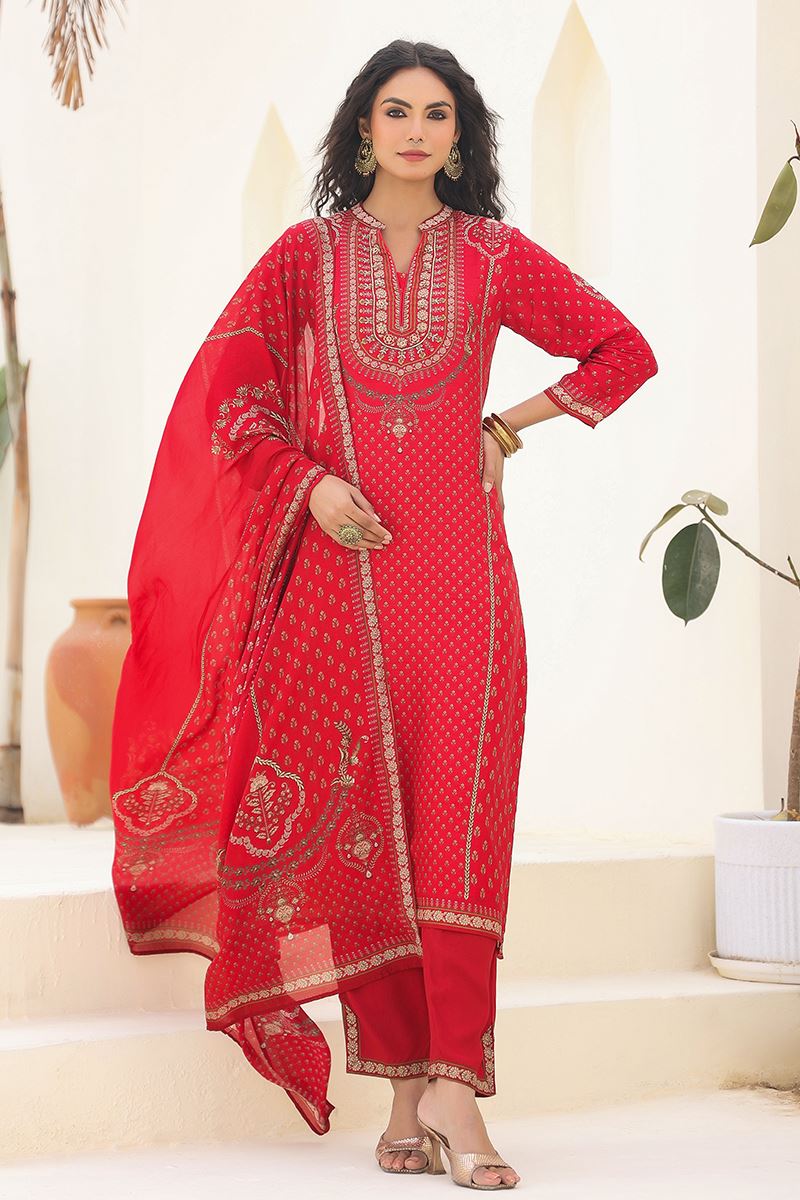 Irresistible Crimson Red Designer Straight Cut Suit for Festivals, Sangeet, and Parties