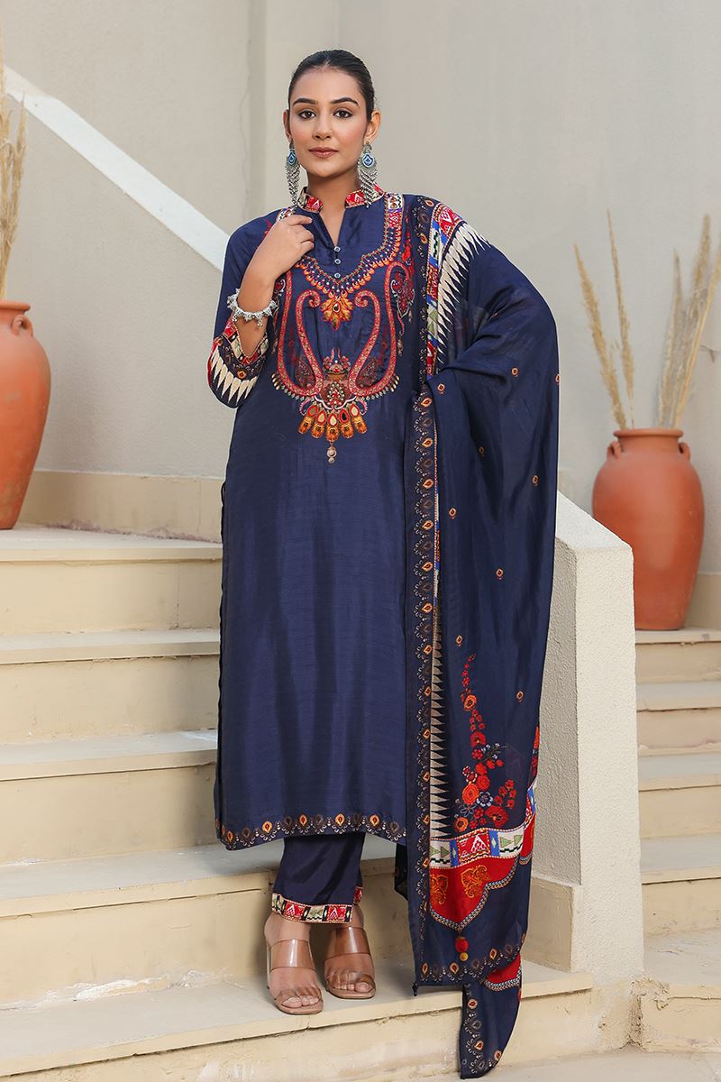 Trendy Indigo Designer Straight Cut Suit for Festivals, Sangeet, and Parties