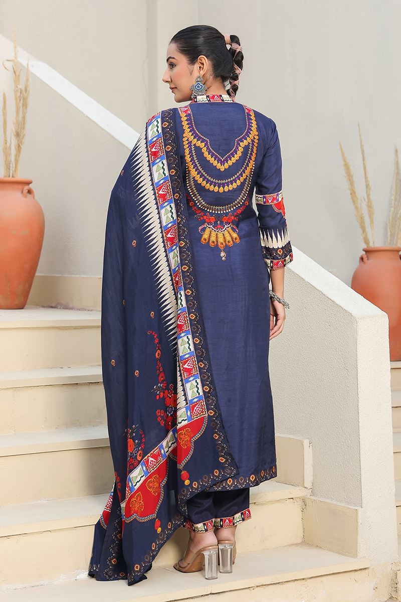 Trendy Indigo Designer Straight Cut Suit for Festivals, Sangeet, and Parties