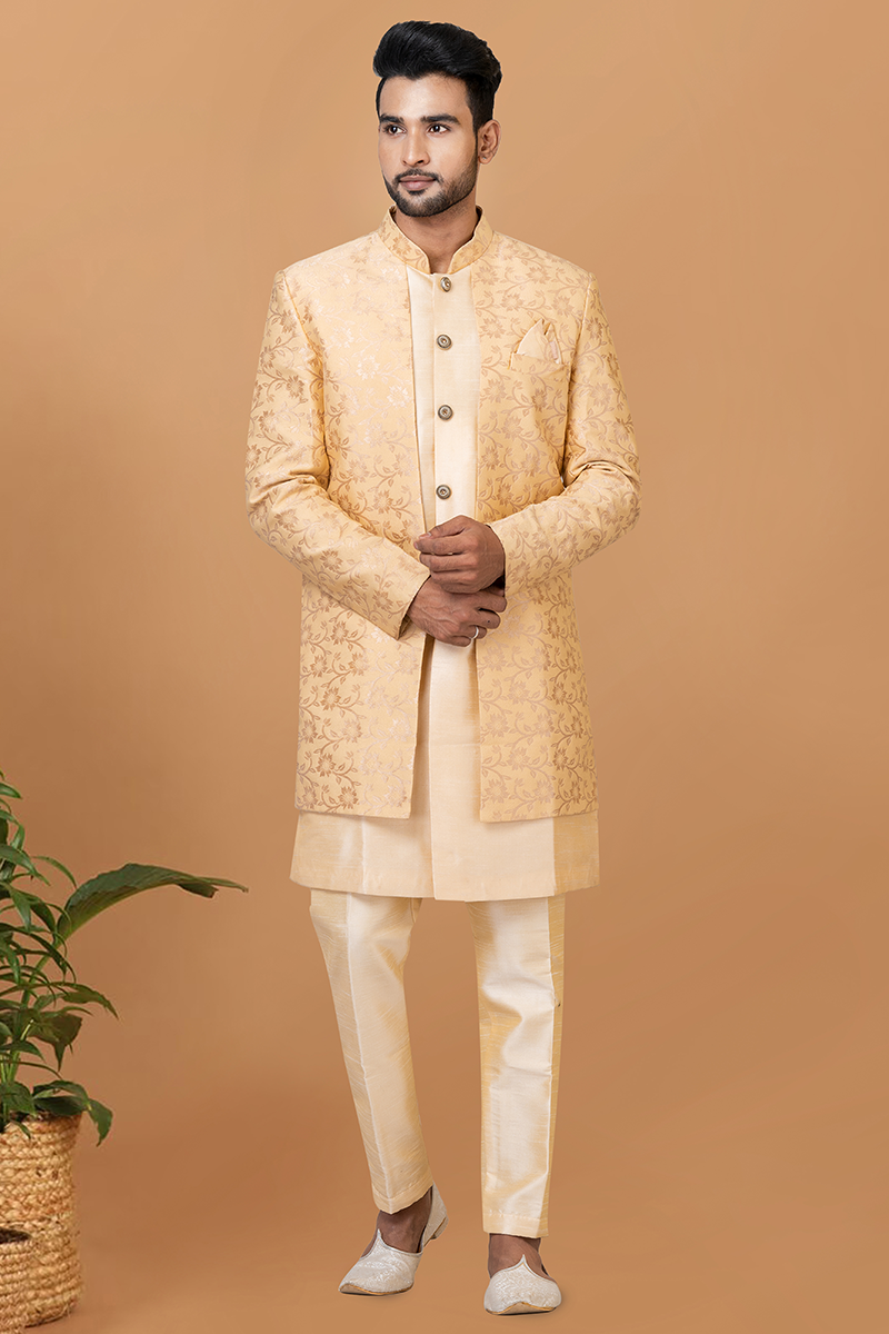 Enticing Gold and Beige Designer Men’s Indo-Western Sherwani for Engagement, Wedding, and Reception