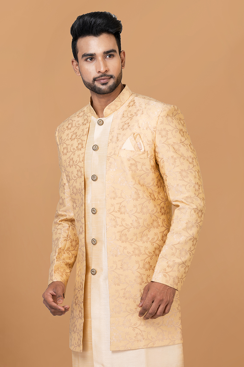 Enticing Gold and Beige Designer Men’s Indo-Western Sherwani for Engagement, Wedding, and Reception