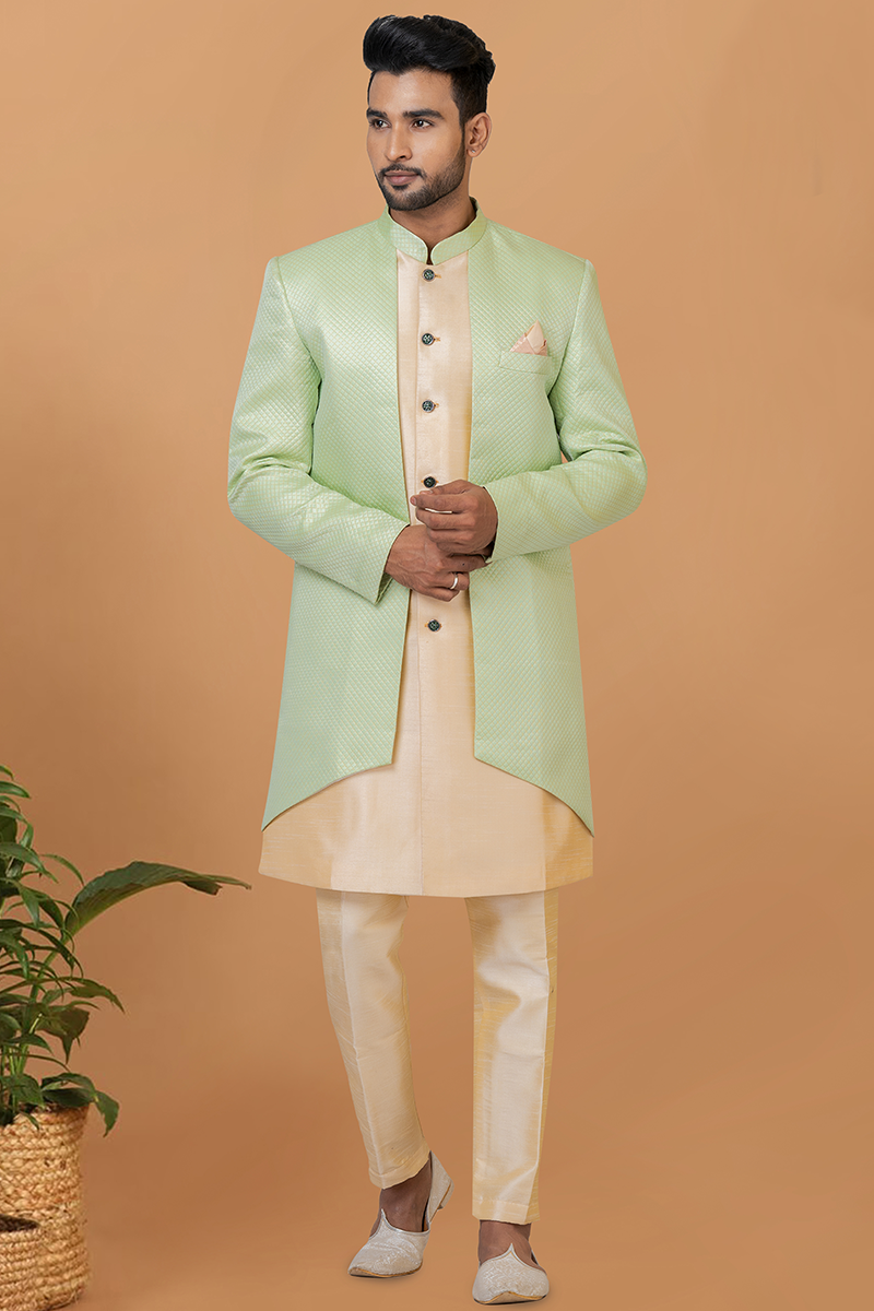 Vibrant Gold and Green Designer Men’s Indo-Western Sherwani for Engagement, Wedding, and Reception