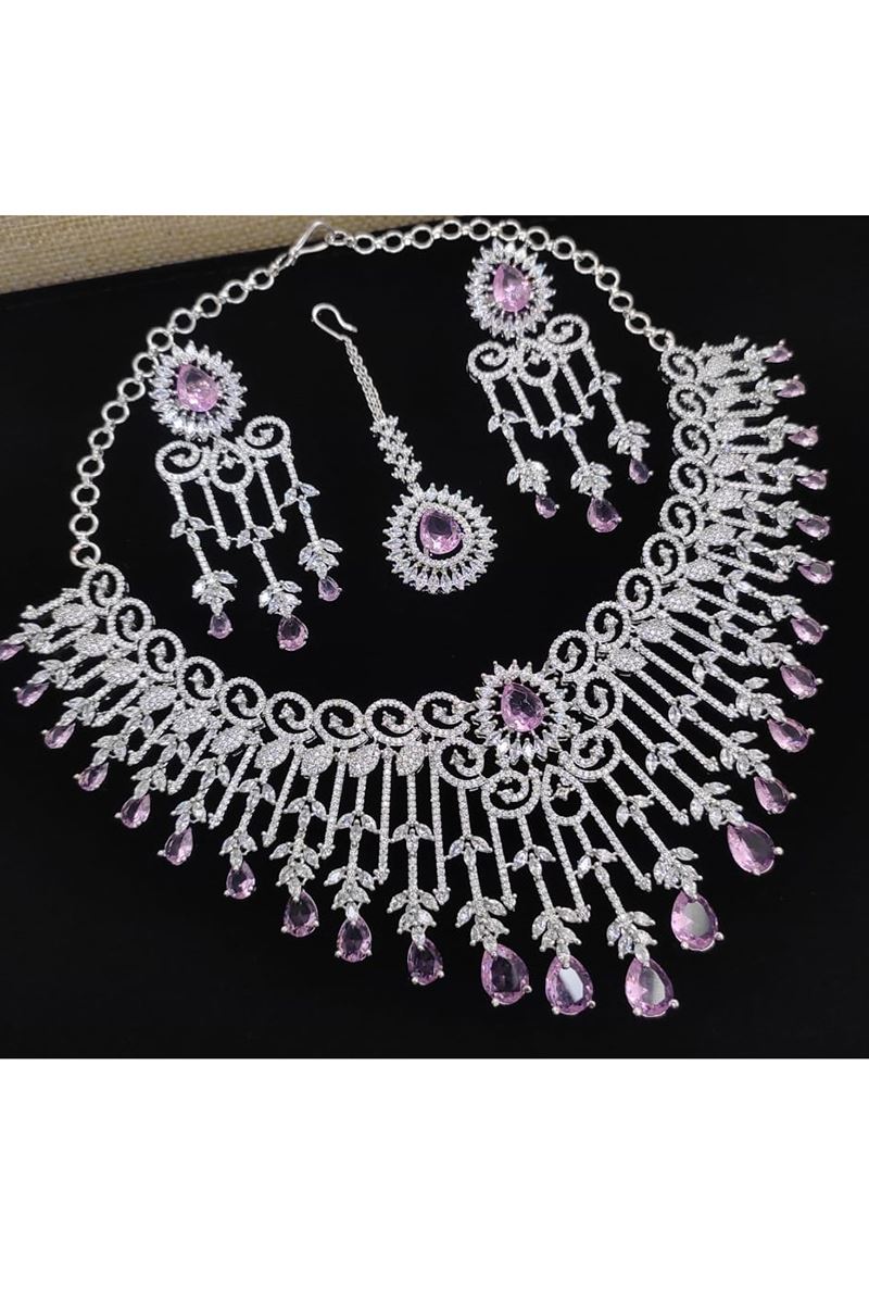 Surreal White and Light Purple Designer Necklace Set for Engagement, Wedding, and Reception