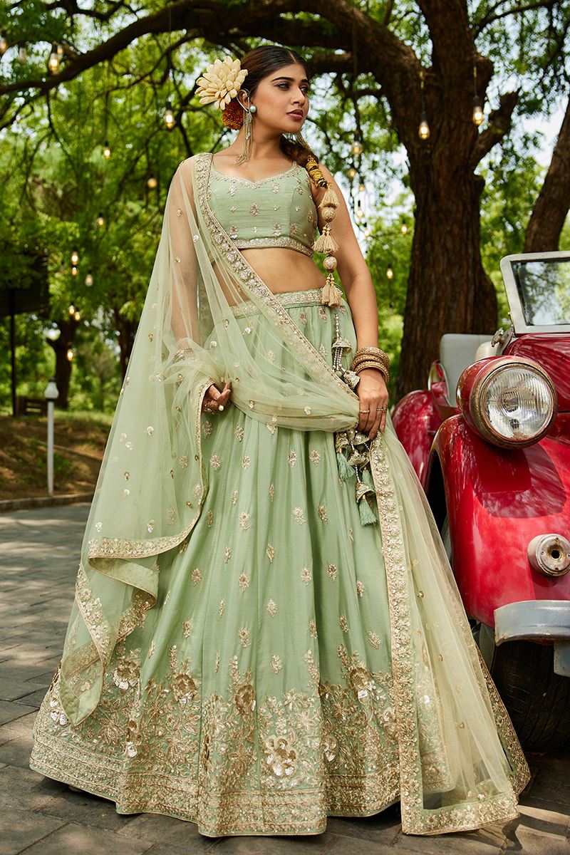 Fascinating Lime Green Designer Indo-Western Lehenga Choli for Engagement and Reception
