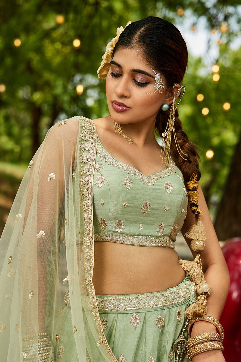 Fascinating Lime Green Designer Indo-Western Lehenga Choli for Engagement and Reception