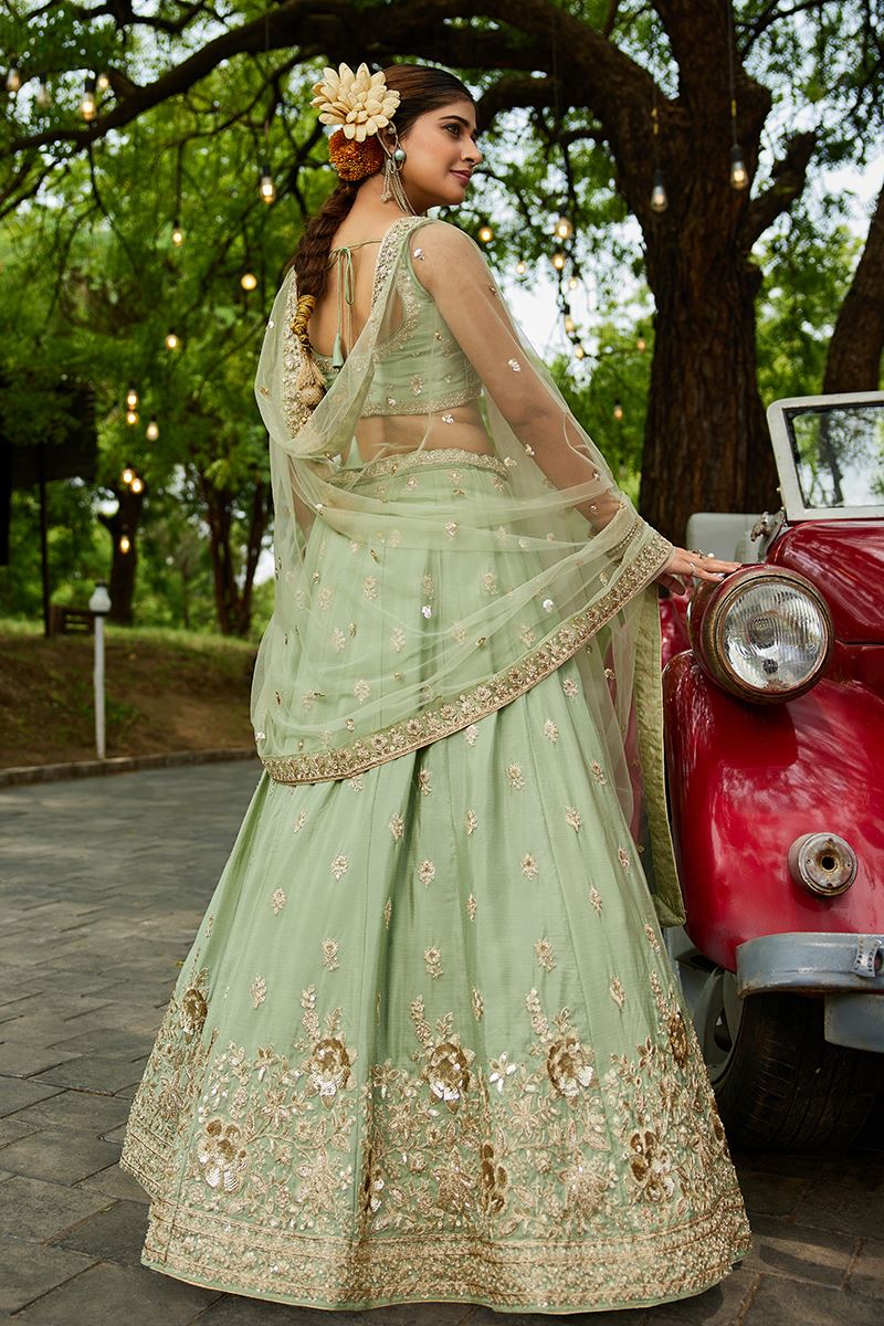 Fascinating Lime Green Designer Indo-Western Lehenga Choli for Engagement and Reception