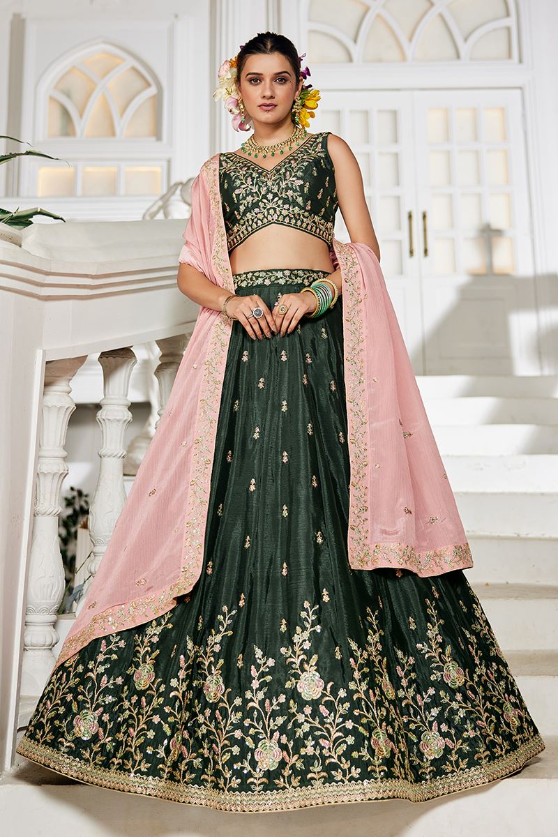 Captivating Olive Designer Indo-Western Lehenga Choli for Engagement and Reception