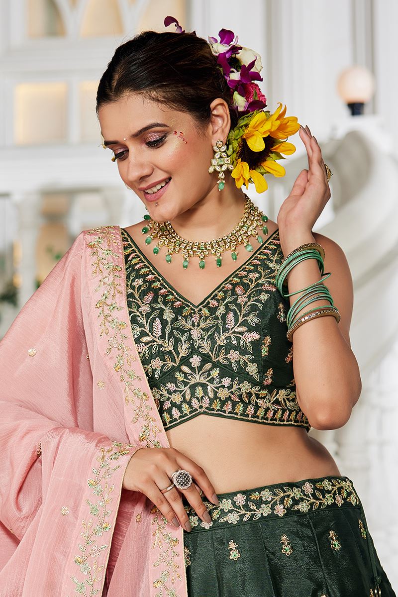 Captivating Olive Designer Indo-Western Lehenga Choli for Engagement and Reception
