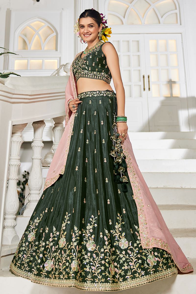 Captivating Olive Designer Indo-Western Lehenga Choli for Engagement and Reception