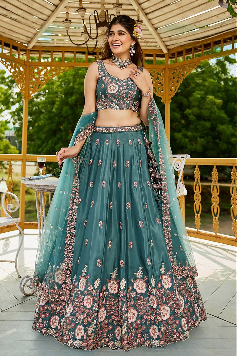Amazing SeaGreen Designer Indo-Western Lehenga Choli for Engagement and Reception