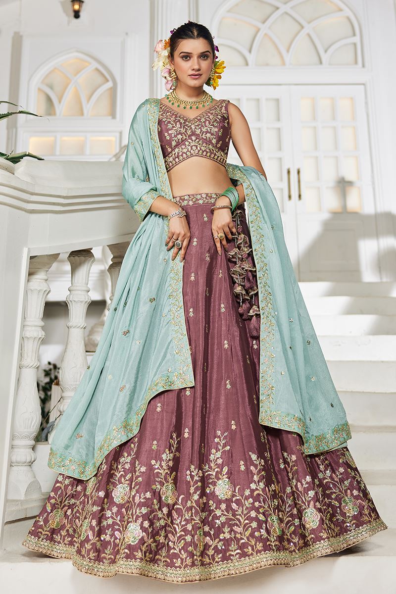 Charismatic Rose Gold Designer Indo-Western Lehenga Choli for Engagement and Reception
