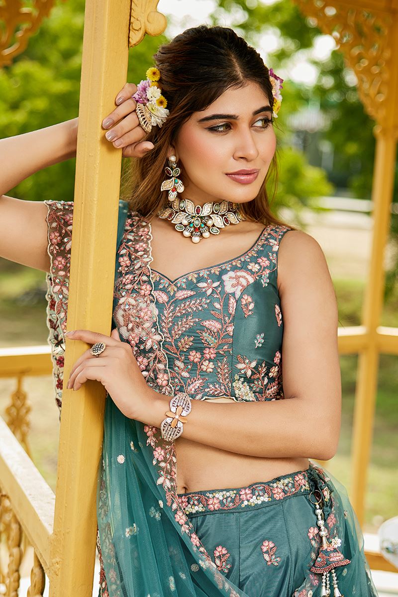 Amazing SeaGreen Designer Indo-Western Lehenga Choli for Engagement and Reception