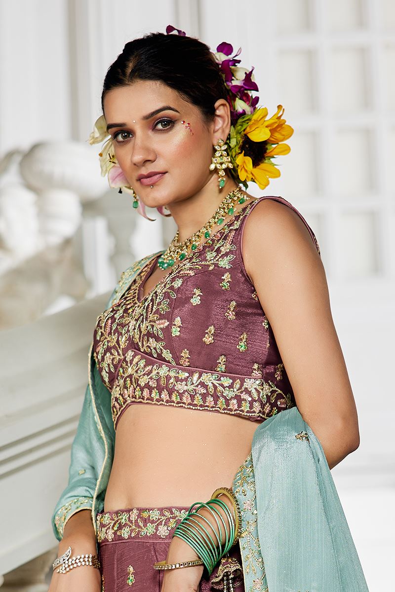 Charismatic Rose Gold Designer Indo-Western Lehenga Choli for Engagement and Reception