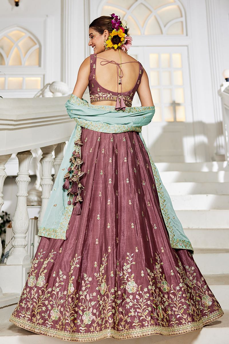 Charismatic Rose Gold Designer Indo-Western Lehenga Choli for Engagement and Reception