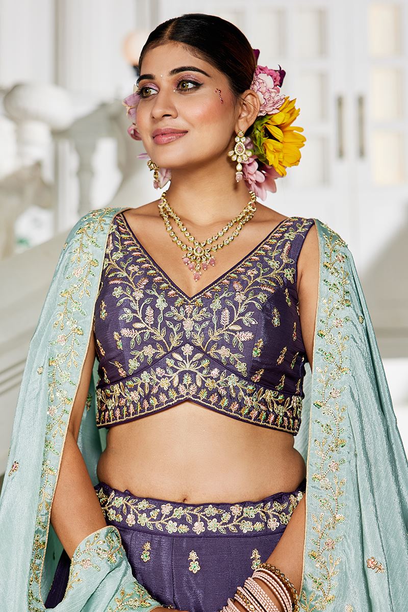 Smashing Violet Designer Indo-Western Lehenga Choli for Engagement and Reception