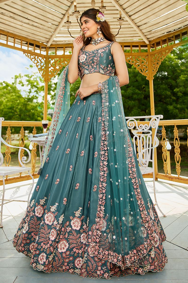 Amazing SeaGreen Designer Indo-Western Lehenga Choli for Engagement and Reception