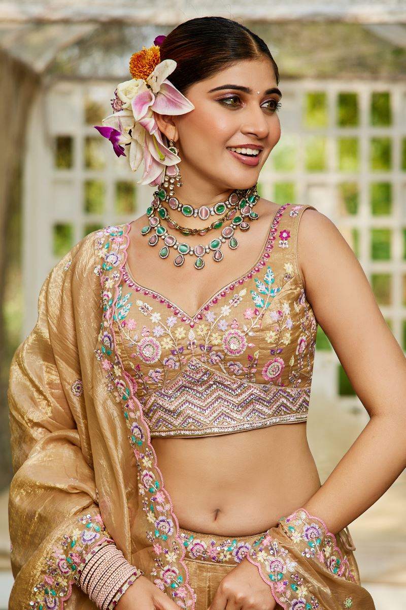 Irresistible Beige Designer Indo-Western Lehenga Choli for Engagement and Reception