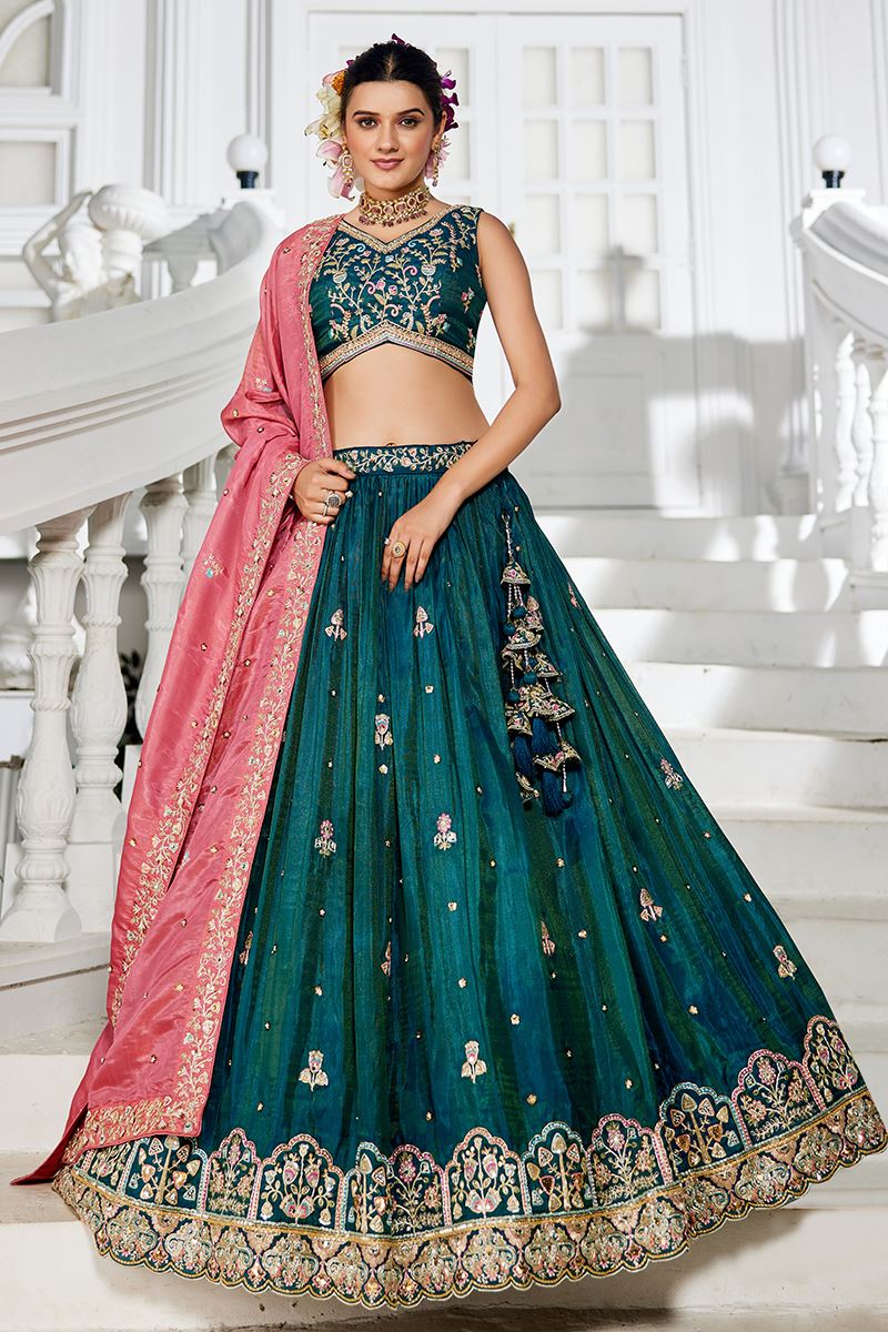 Flawless Teal Designer Indo-Western Lehenga Choli for Engagement and Reception