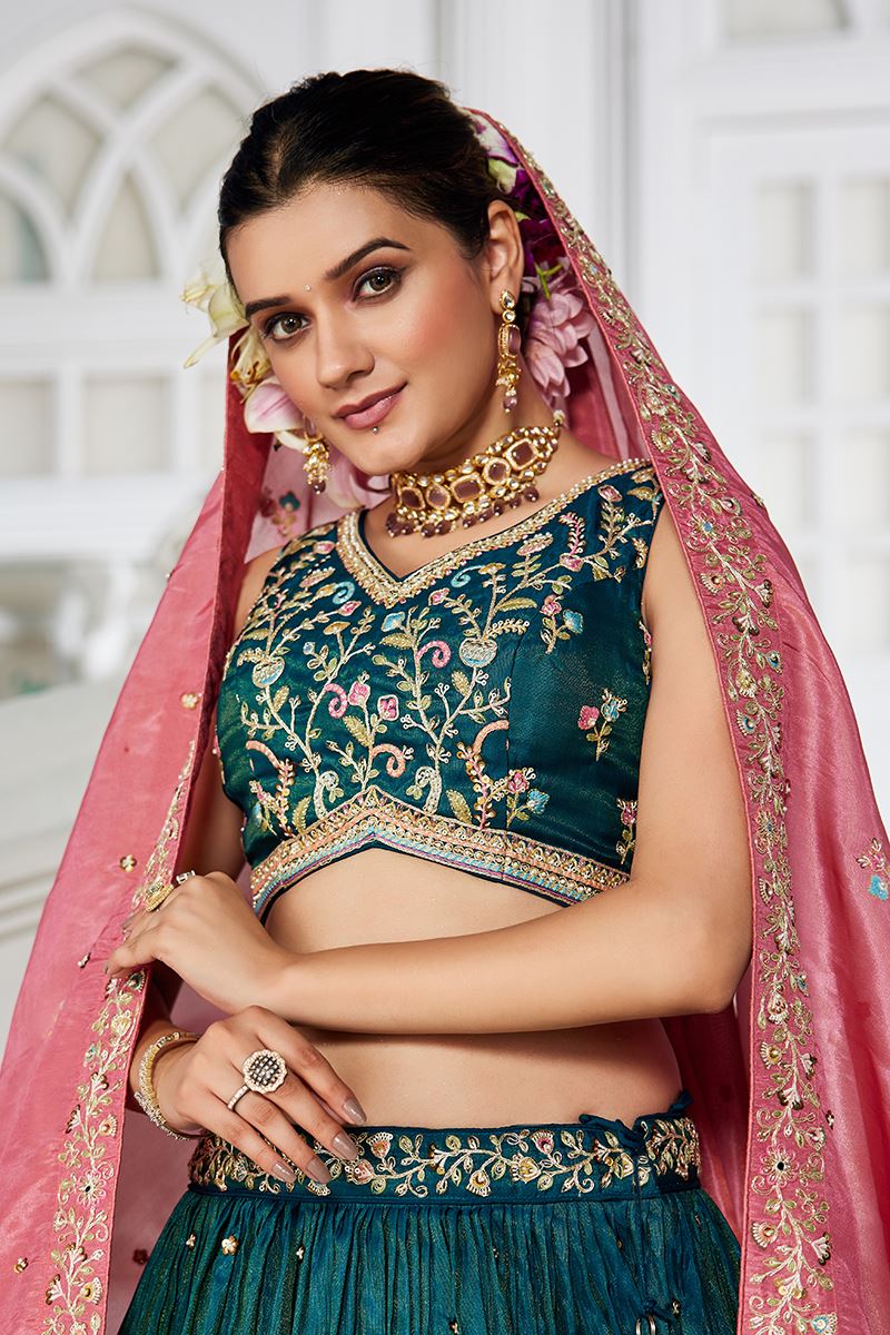 Flawless Teal Designer Indo-Western Lehenga Choli for Engagement and Reception