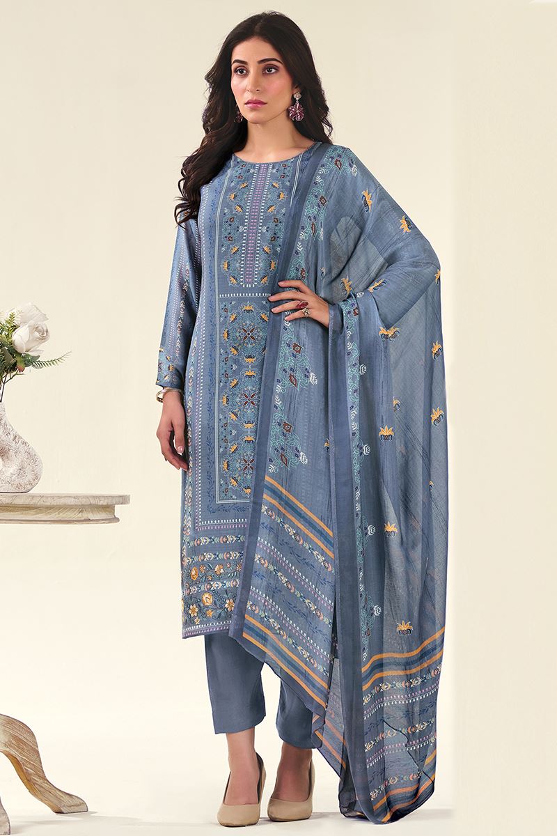 Fascinating Blue Designer Straight Cut Suit for Festivals, Sangeet, and Parties (Unstitched suit)