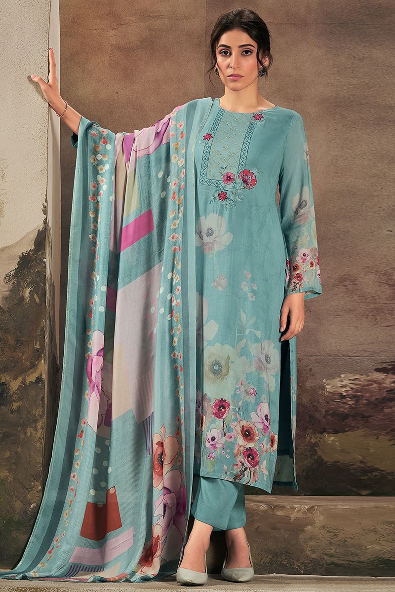 Flamboyant Sky Blue Designer Straight Cut Suit for Festivals, Sangeet, and Parties (Unstitched suit)