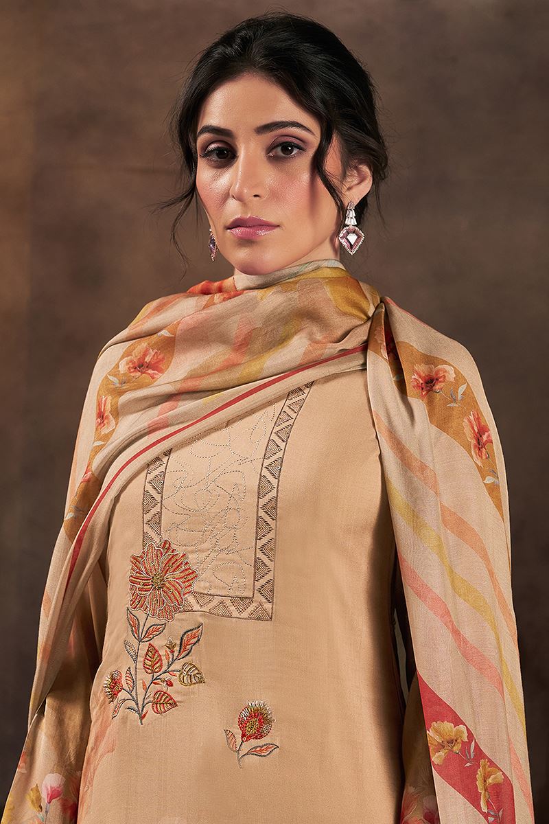 Royal Beige Designer Straight Cut Suit for Festivals, Sangeet, and Parties (Unstitched suit)