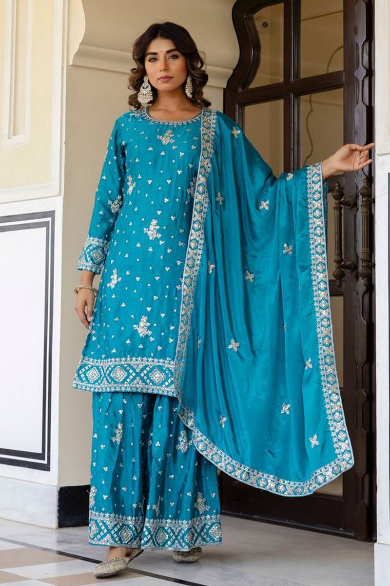 Outstanding Sky Blue Designer Sharara Suit for Festivals, Sangeet, and Parties