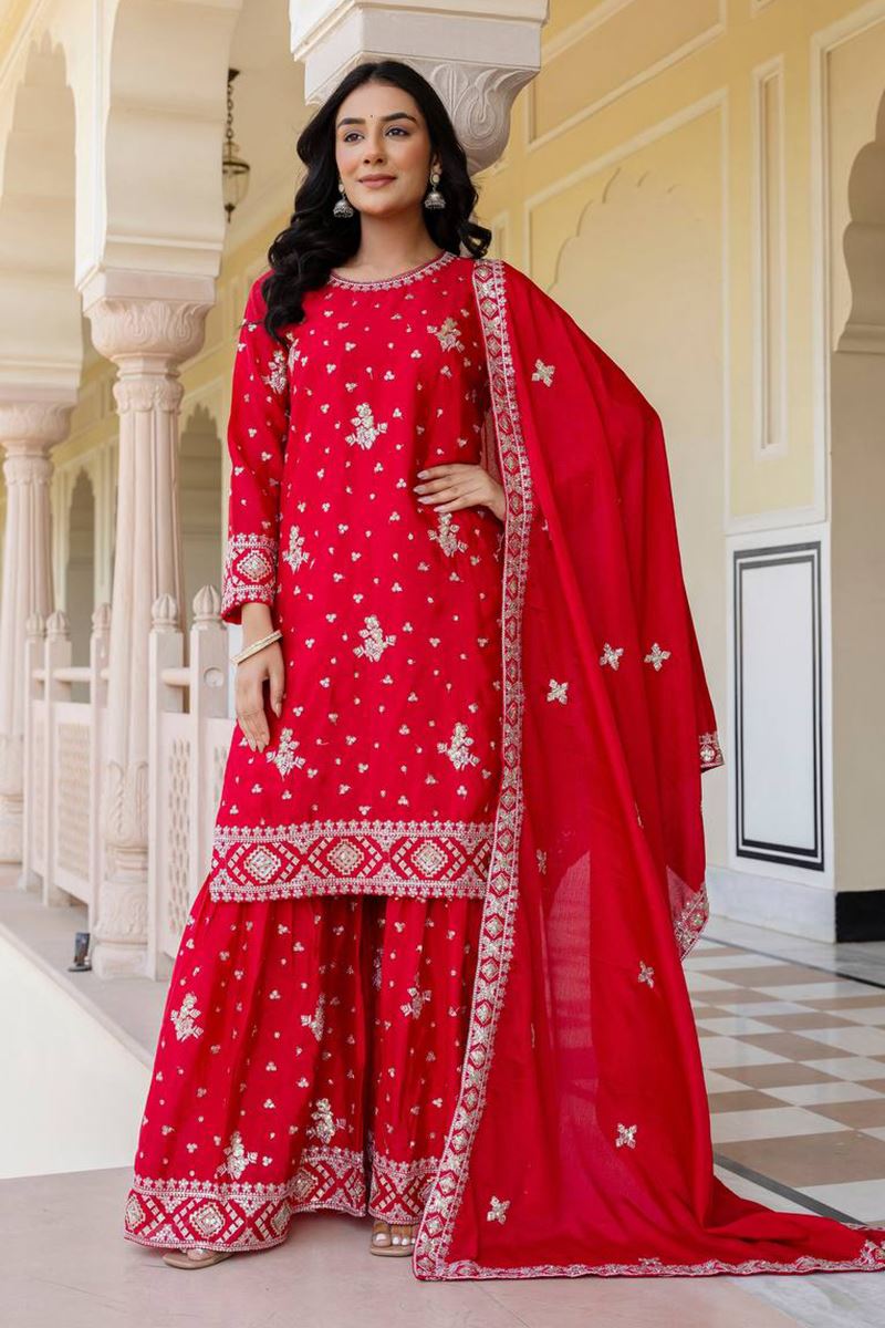 Creative Red Designer Sharara Suit for Wedding, Reception, and Festivals