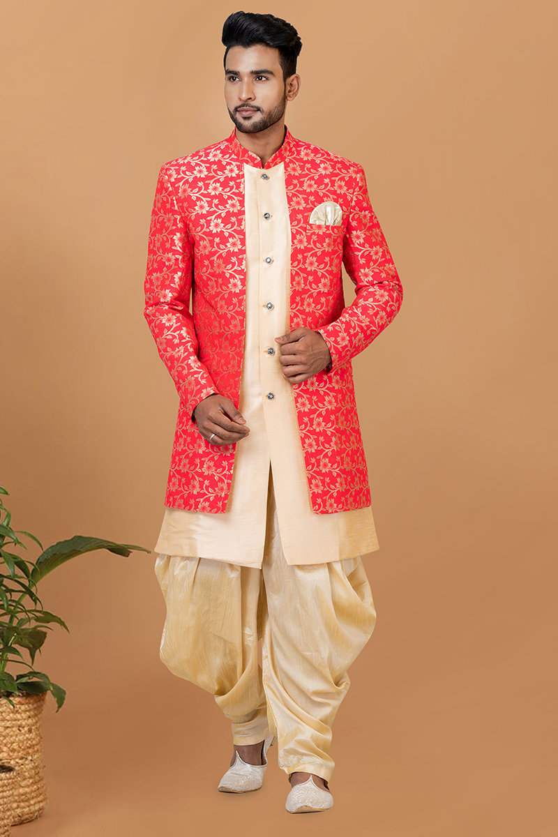 Marvelous Gold and Red Designer Men’s Indo-Western Sherwani for Engagement, Wedding, and Reception
