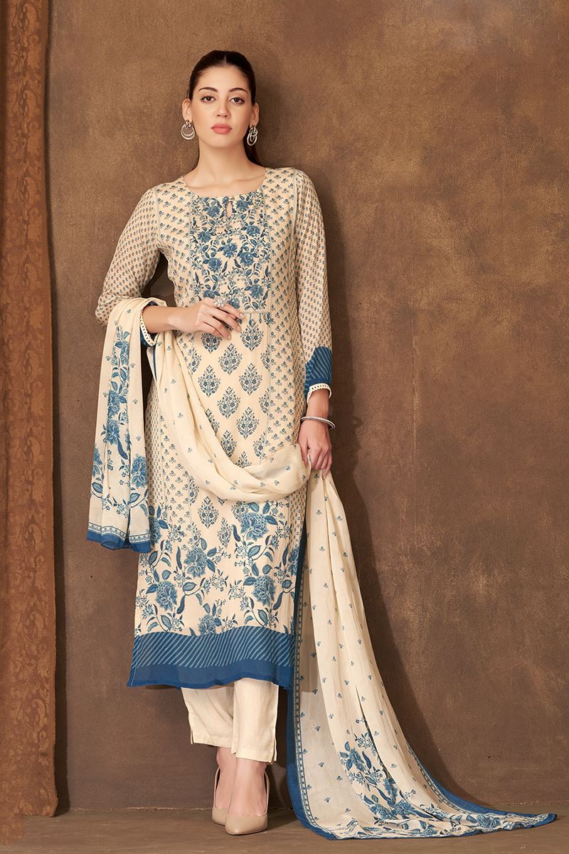 Spectacular Cream and Blue Designer Straight Cut Suit for Festivals, Sangeet, and Parties