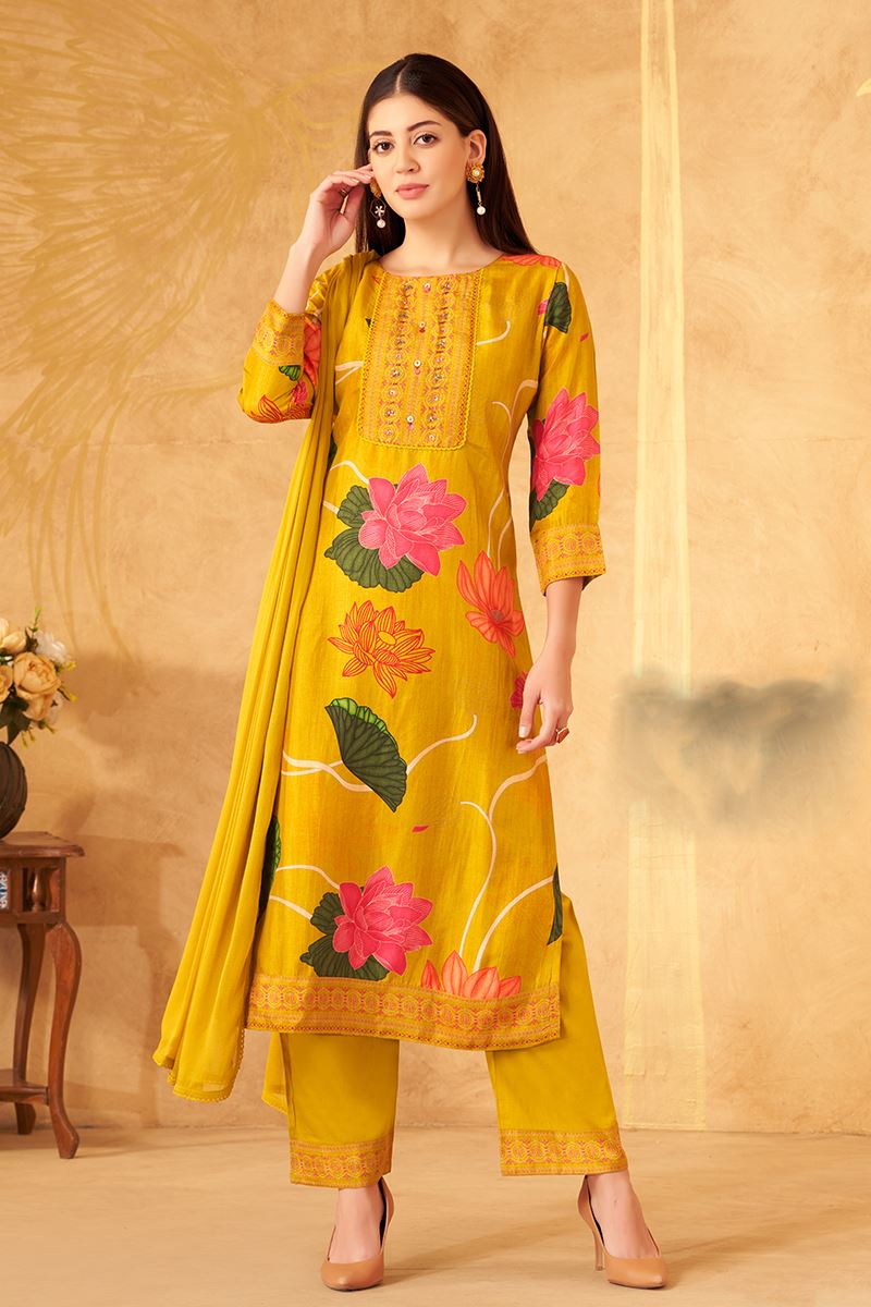 Amazing Mustard Designer Straight Cut Suit for Festivals, Haldi, and Parties