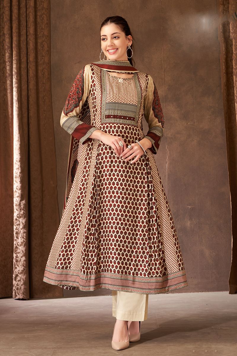 Surreal Cream and Maroon Designer A-Line Suit for Festivals, Sangeet, and Parties