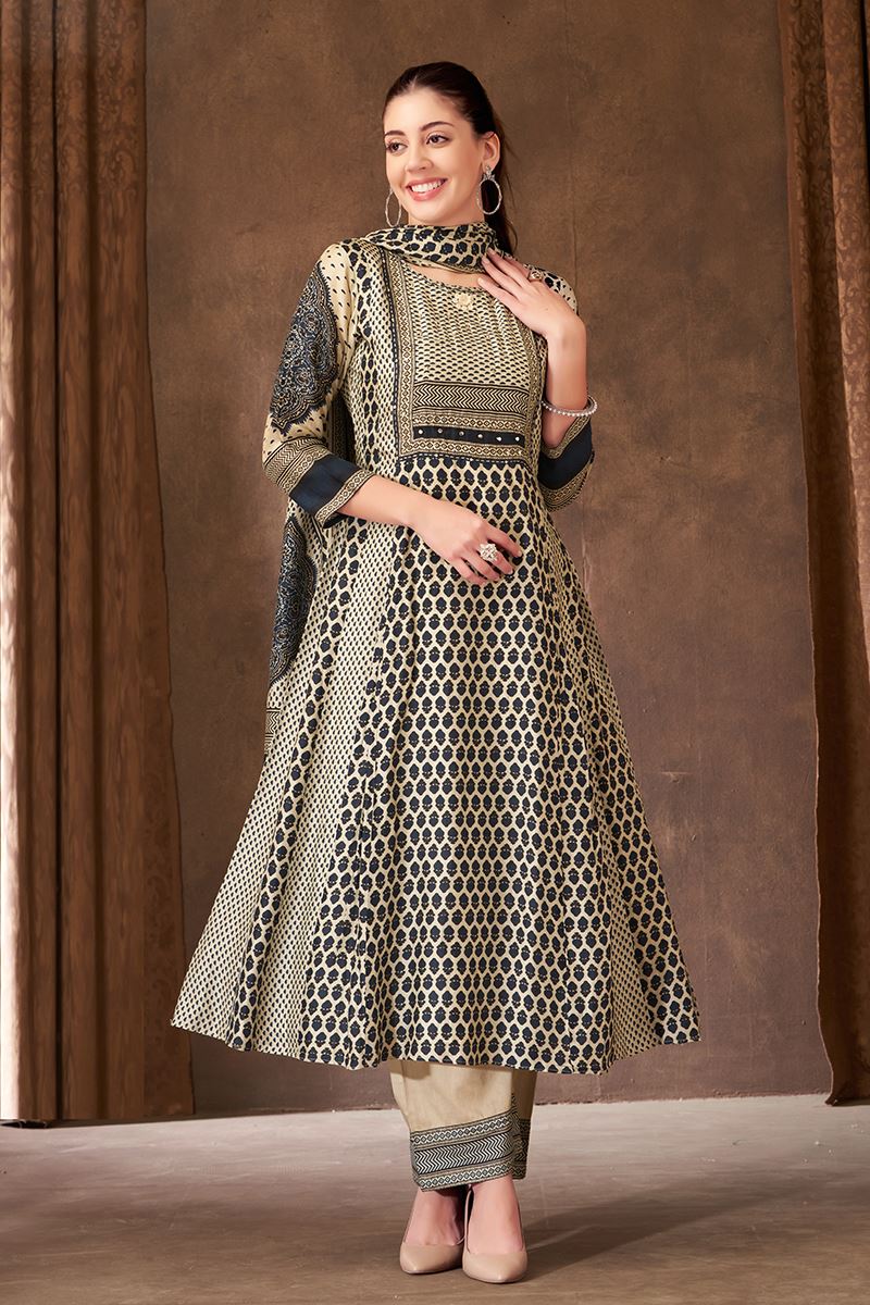 Royal Cream and Blue Designer A-Line Suit for Festivals, Sangeet, and Parties