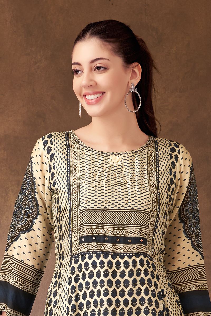 Royal Cream and Blue Designer A-Line Suit for Festivals, Sangeet, and Parties