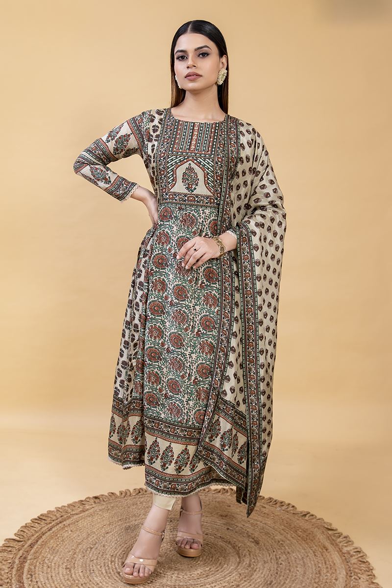 Delightful Beige Designer A-Line Suit for Festivals, Sangeet, and Parties