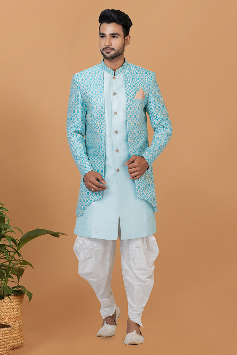 Stylish Sky Blue and White Designer Men’s Indo-Western Sets for Engagement, Wedding, and Reception